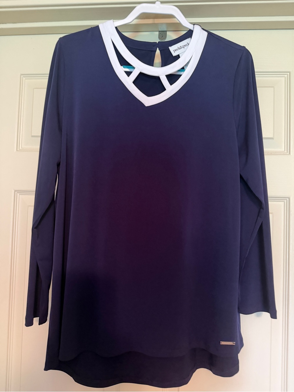 Peck & Peck Navy Long-Sleeve Top with White Trimmed Cutout Neckline